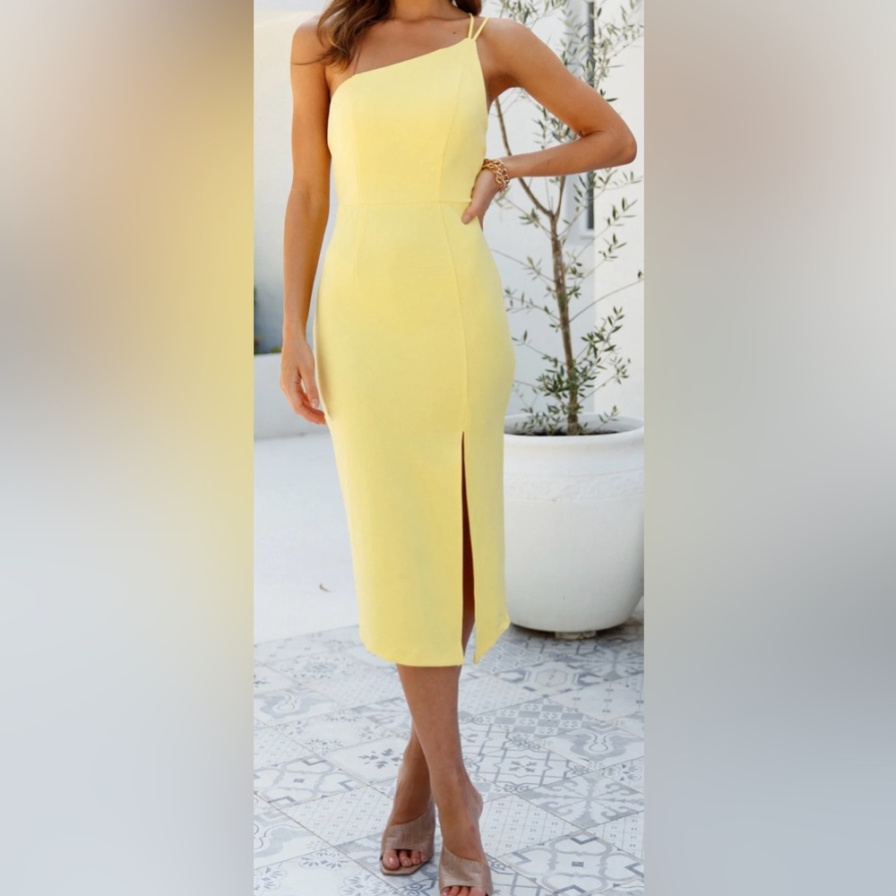 NWT Hello Molly Yellow Taking It Back Midi Dress One Shoulder Party